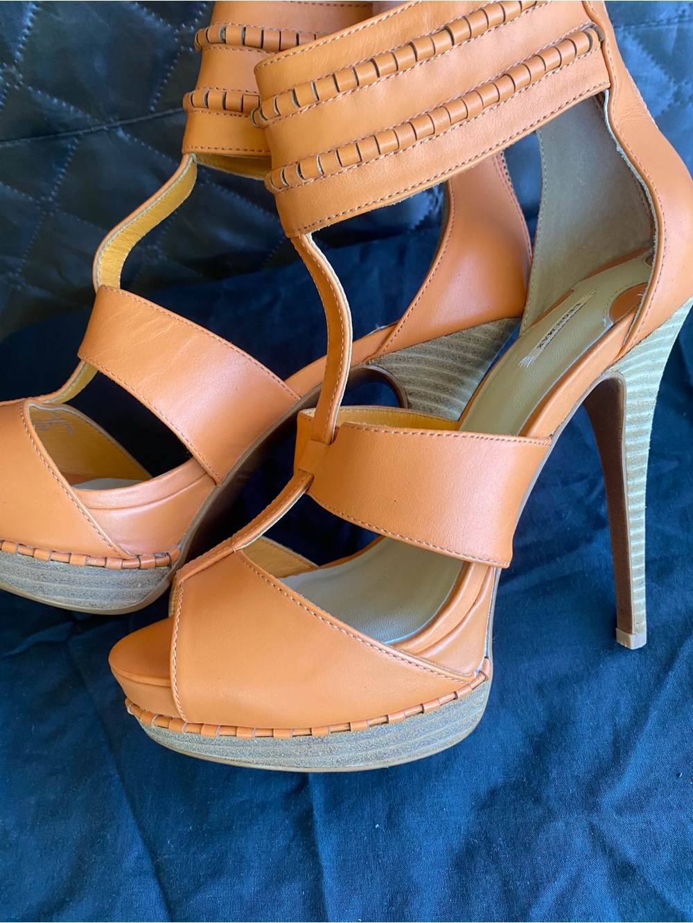 Leon Max "Xile" Orange Leather Back-Zip Stiletto Platform Sandals 7.5